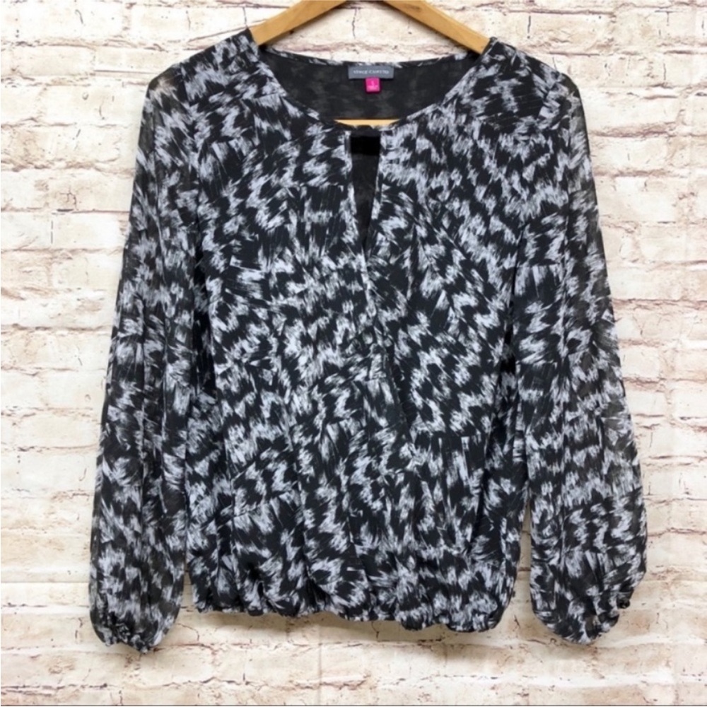 Vince Camuto Top Size S Womens Semi-Sheer Crossover Wrap Long Sleeve Black White